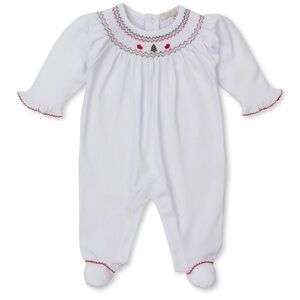 Kissy Kissy CLB Holiday Medley 25 Christmas Tree White Hand Smocked Footie